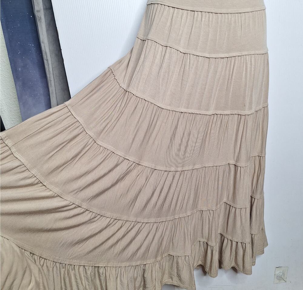 Vintage Y2K Tiered Maxi Skirt S Jersey Fairy Grunge Beige Peasant Boho Mori Kei